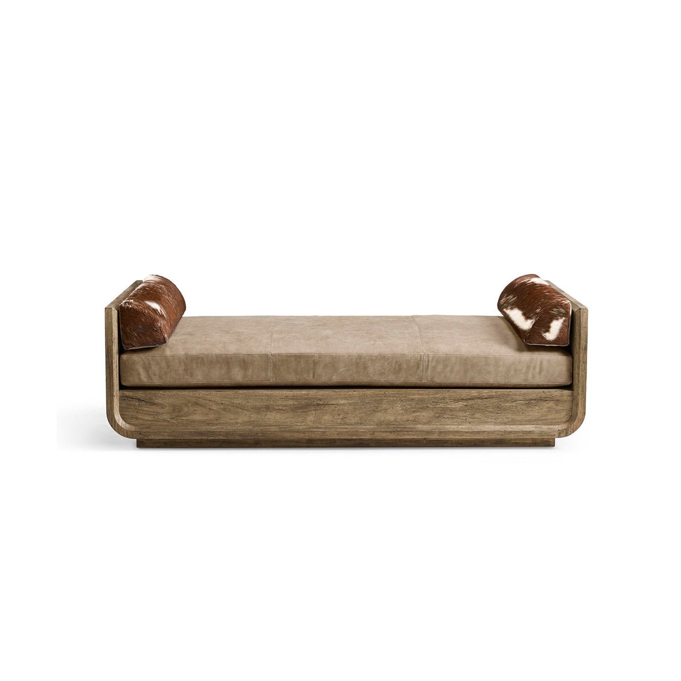 Front view of wood daybed with bolsters.
