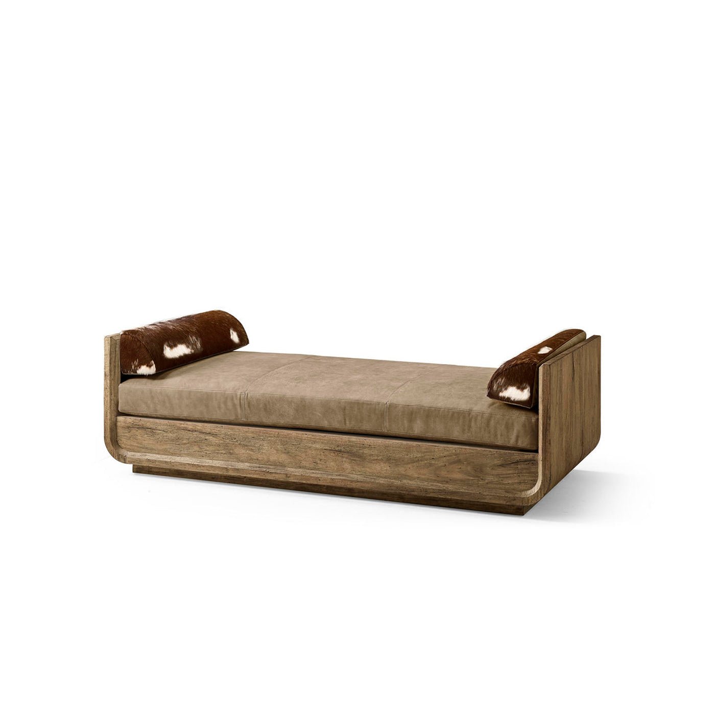 Daybed with wooden frame and bolster pillows.
