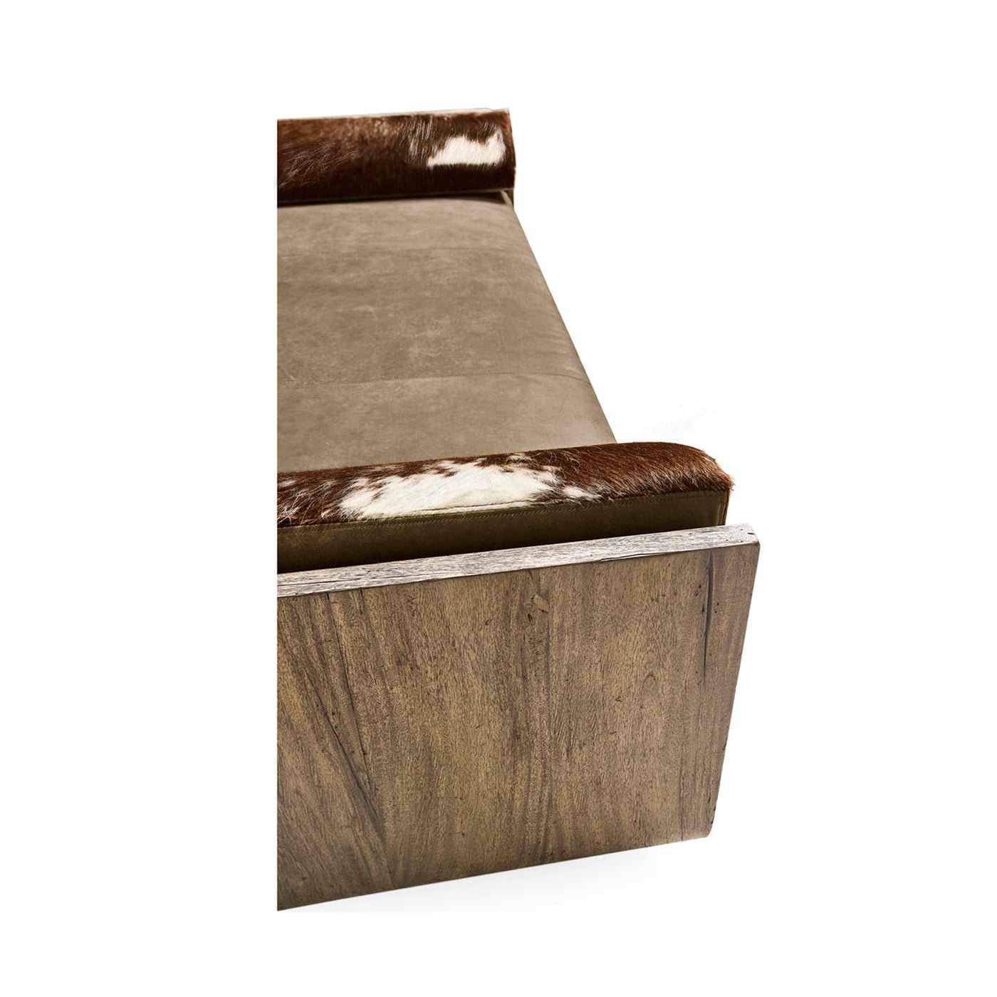 Close-up of daybed wooden corner and cushion.