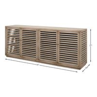 Dimensions of gray wash sideboard with slatted design.