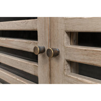 Close-up of sideboard door handles on slatted doors.