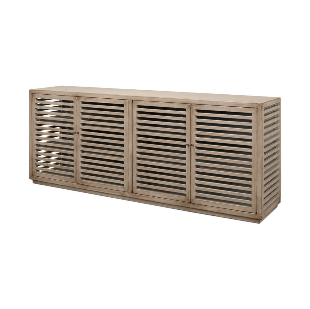 Gray wash sideboard angled view with slatted design.