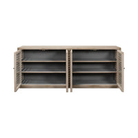 Open gray wash sideboard showing shelves inside.