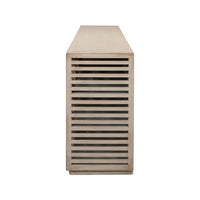 Side view of gray wash sideboard with slats.