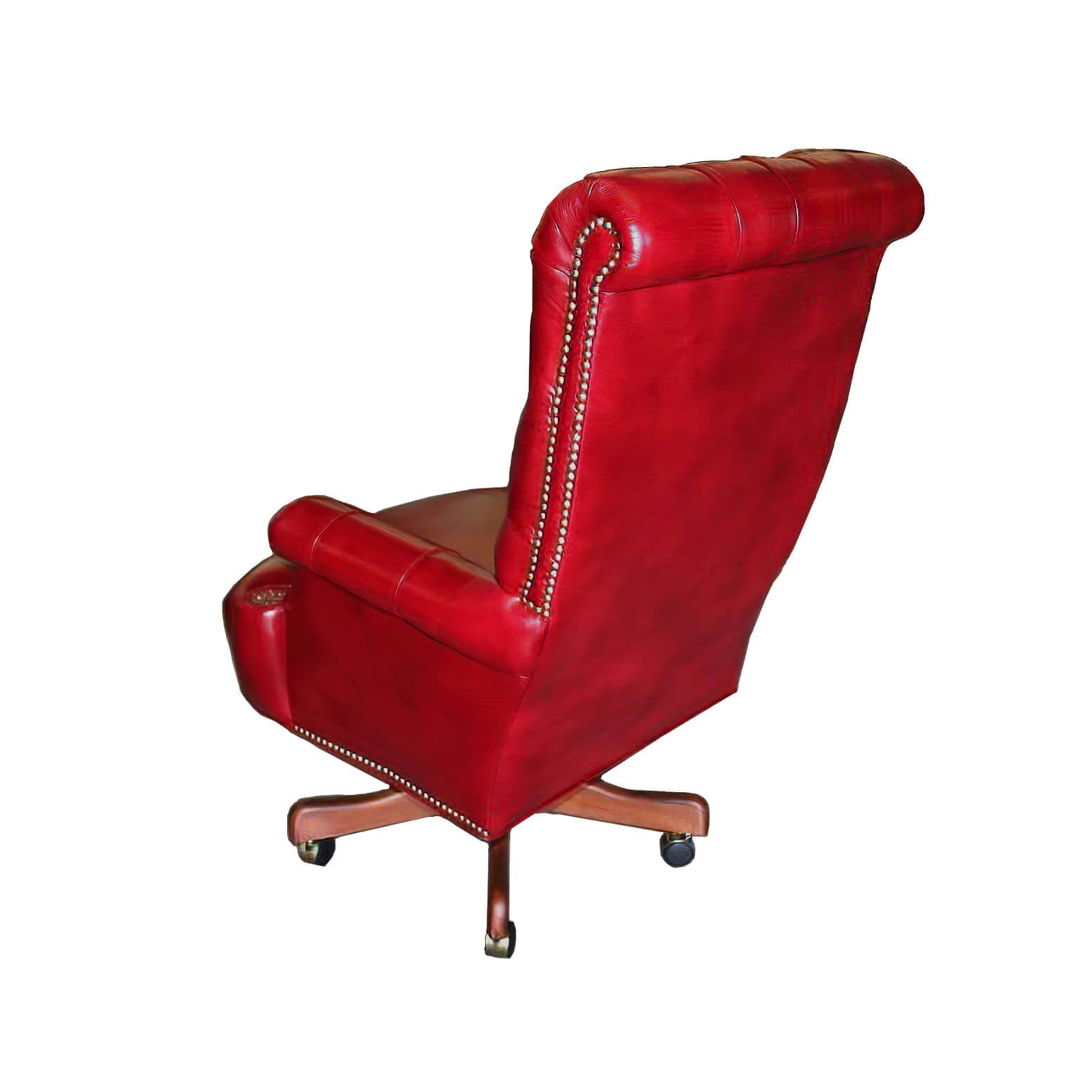Red executive office chair, rear and side view.