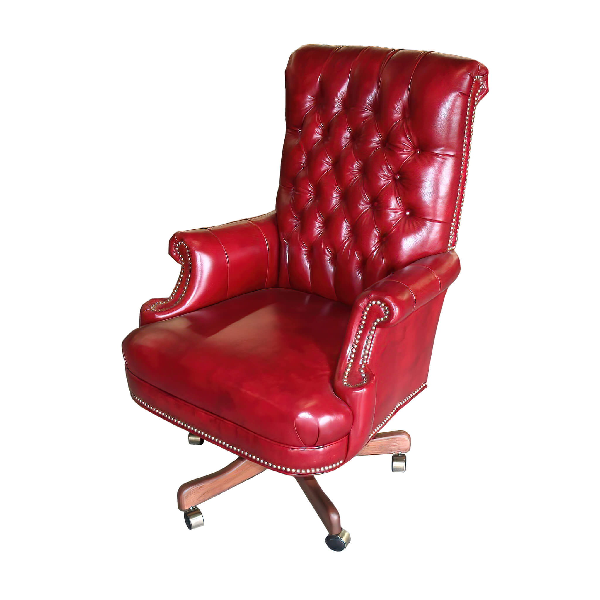 Red executive office chair with tufted design, front view.