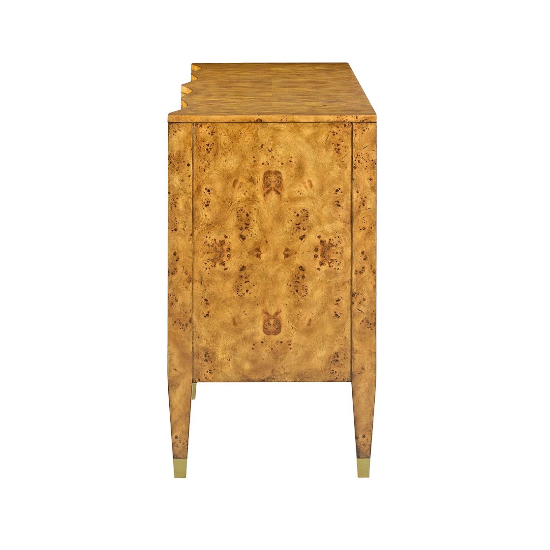 Side view of serpentine burl wood dresser.