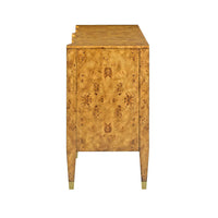 Side view of serpentine burl wood dresser.