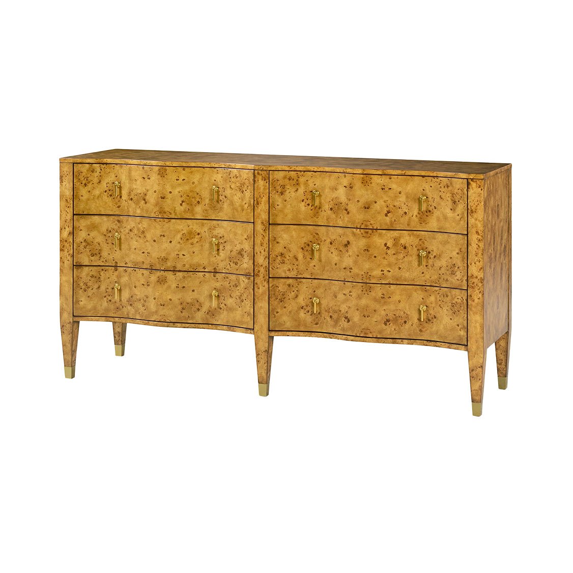Front angled view of serpentine burl wood dresser.