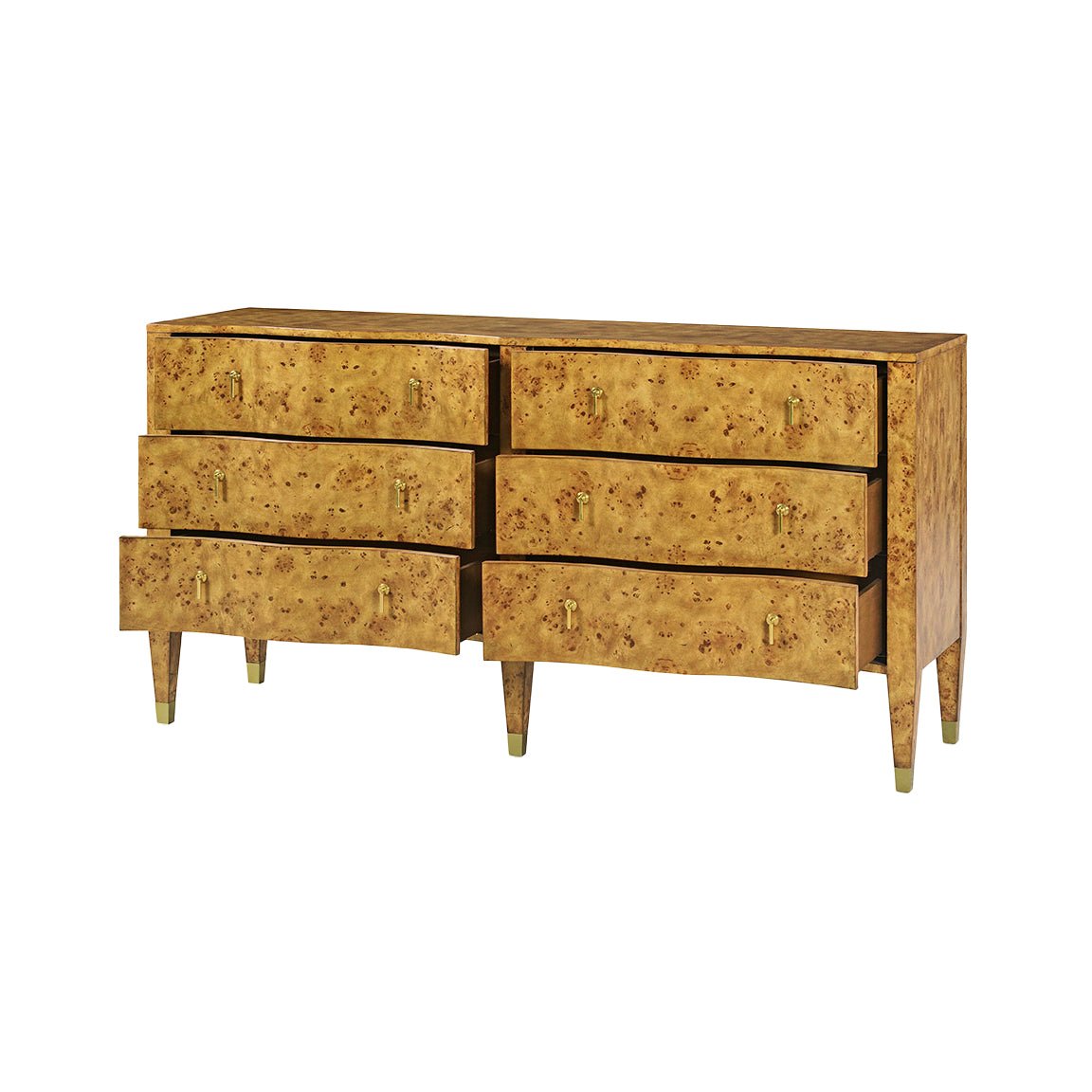 Open drawers of serpentine burl wood dresser.