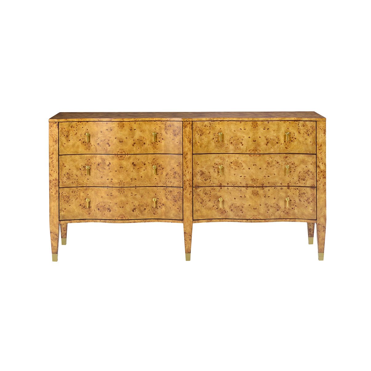 Front view of serpentine burl wood dresser.