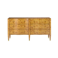 Front view of serpentine burl wood dresser.
