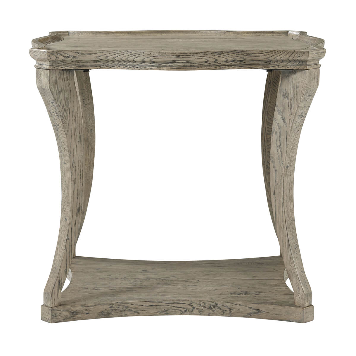 Serpentine grey oak side table, front view.