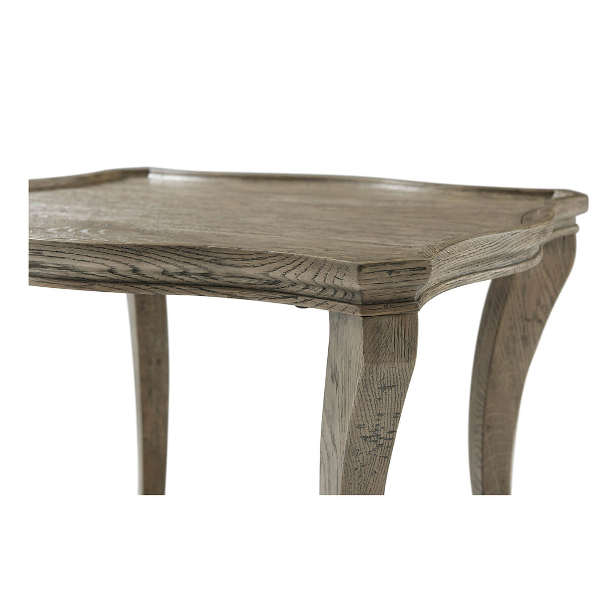 Close-up of curved edge on grey oak side table.