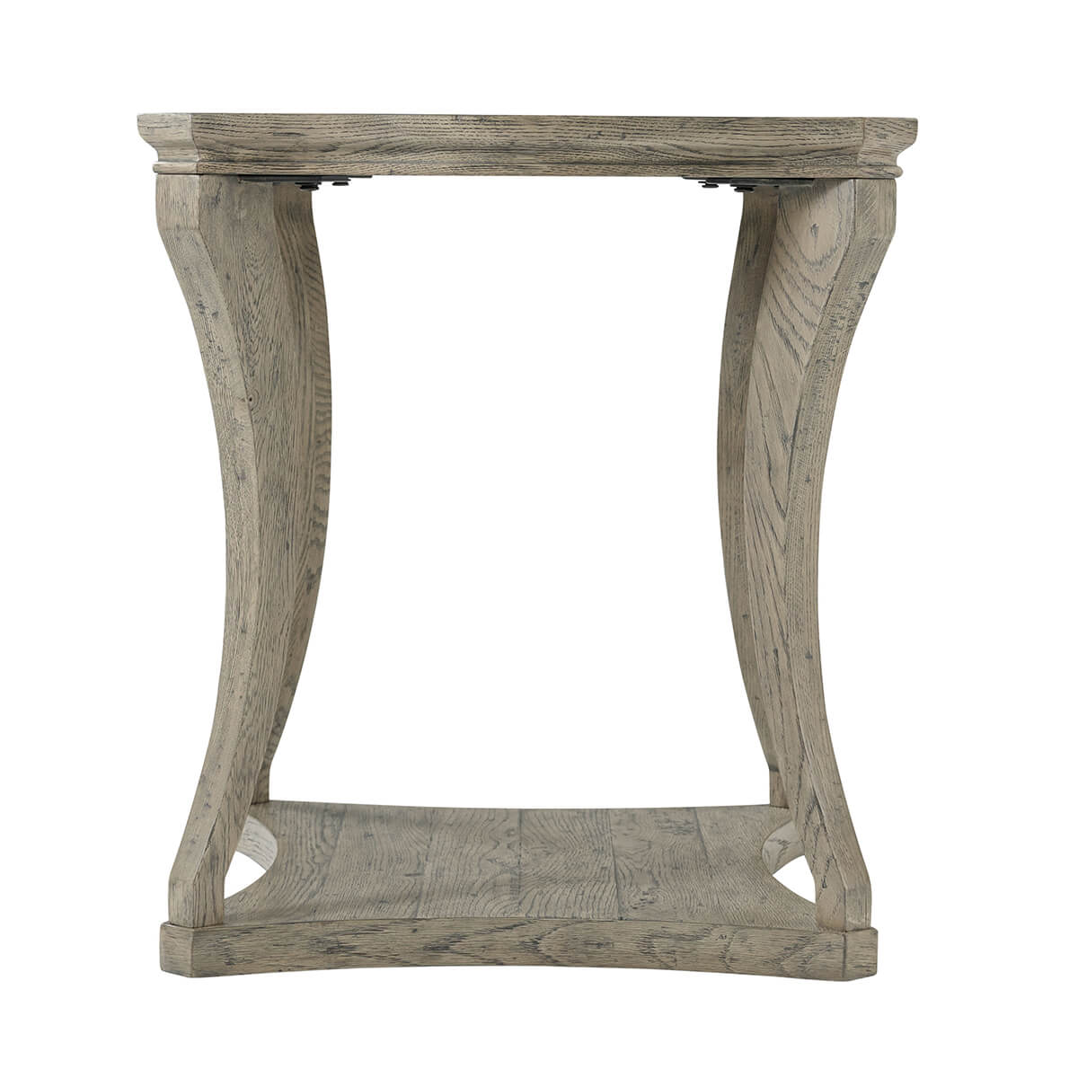 Rustic grey oak side table, side perspective.