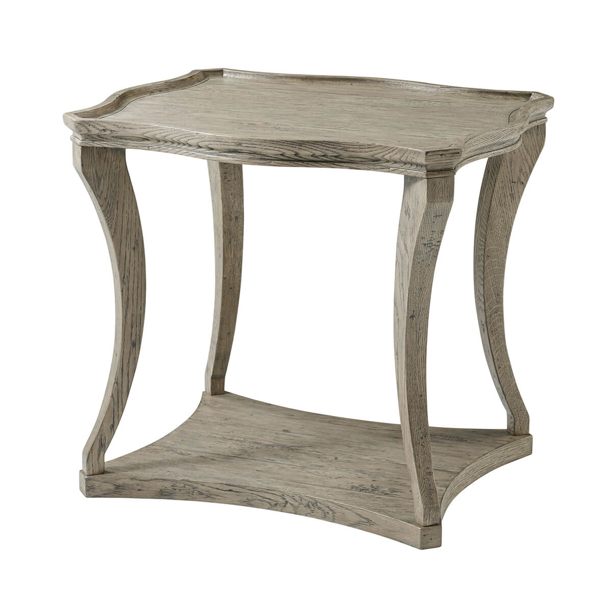 Rustic grey oak side table with curved edges, angled view.