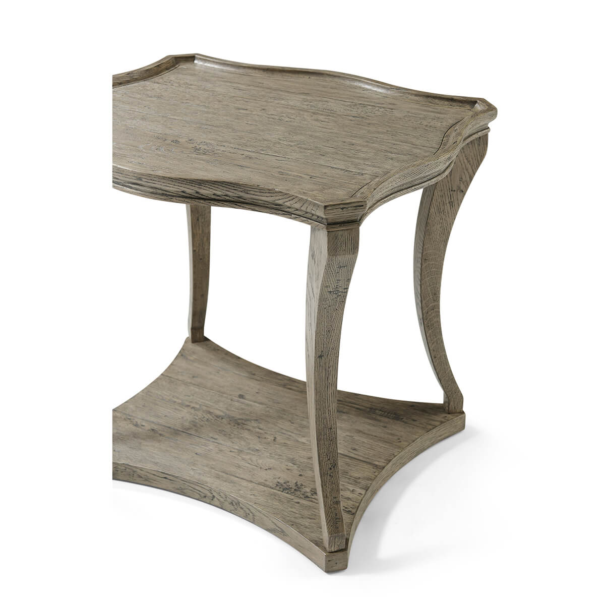 Detailed perspective of rustic grey oak table design.