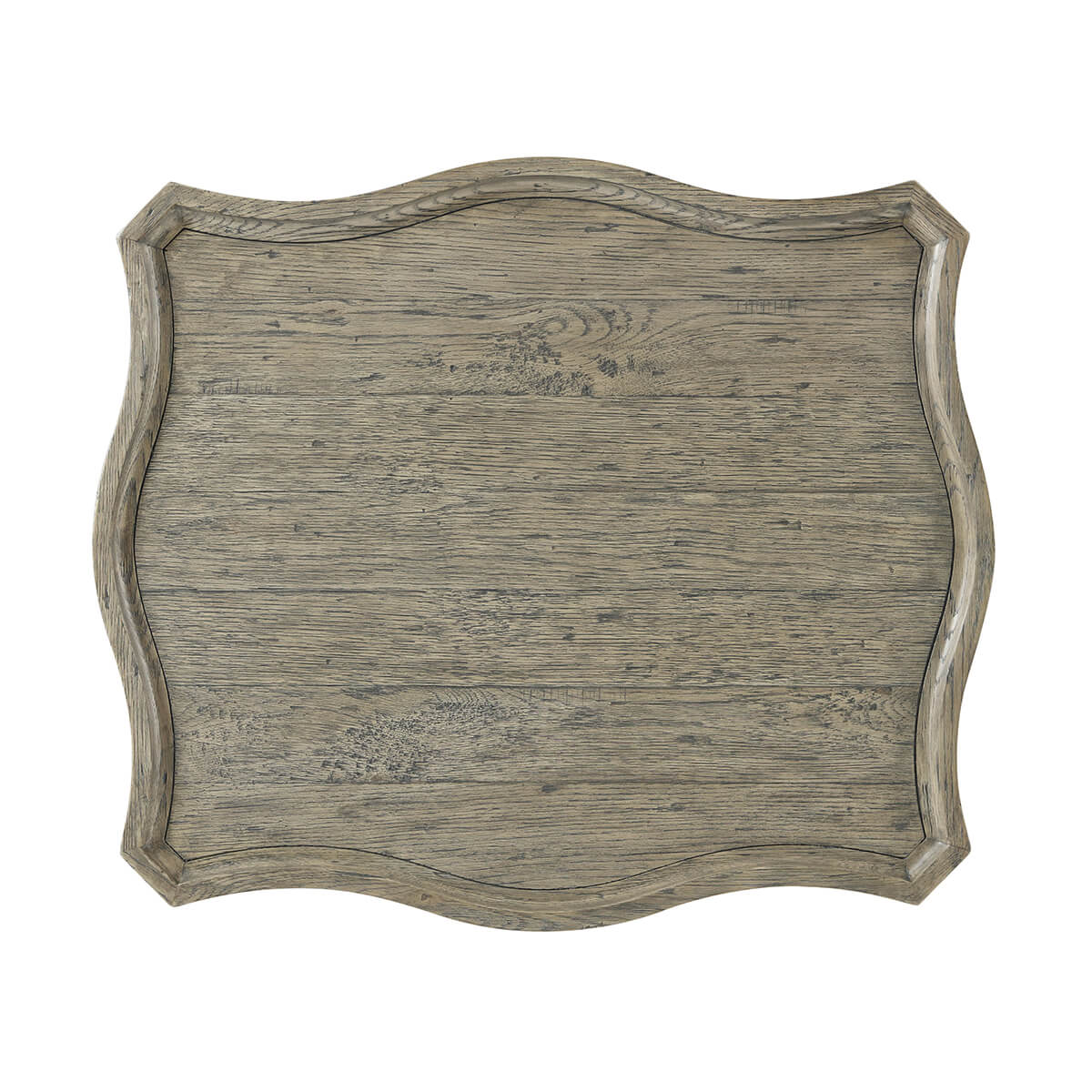 Top view of rustic grey oak table surface.