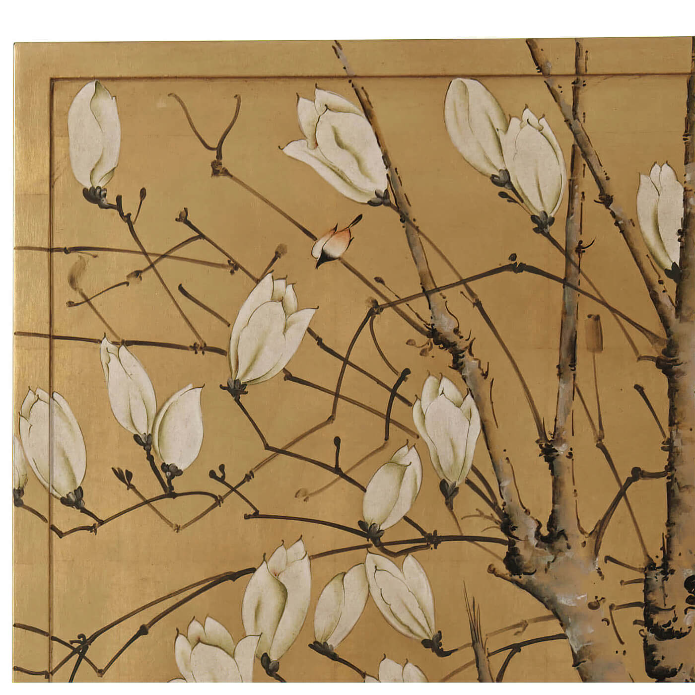 Detailed flower branches in gold Japanese art piece.