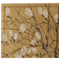 Detailed flower branches in gold Japanese art piece.