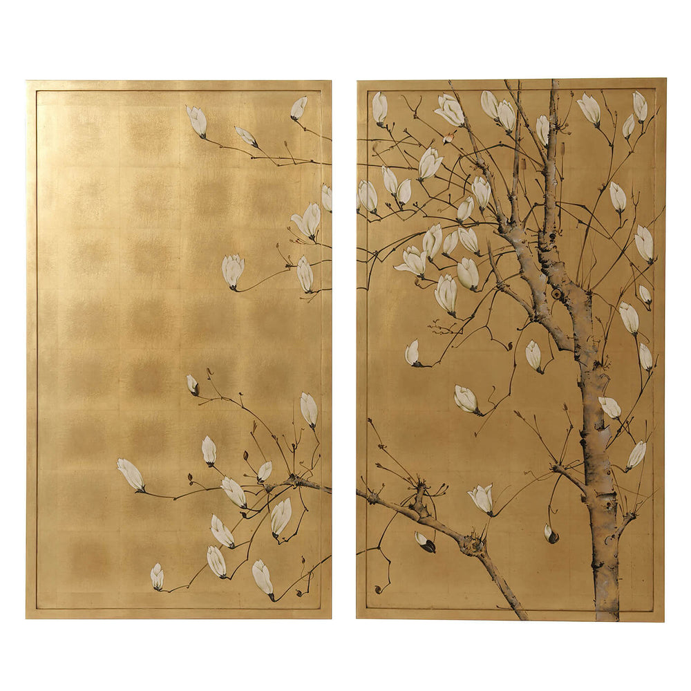 Gilt Japanese painting close-up with flowering branches.