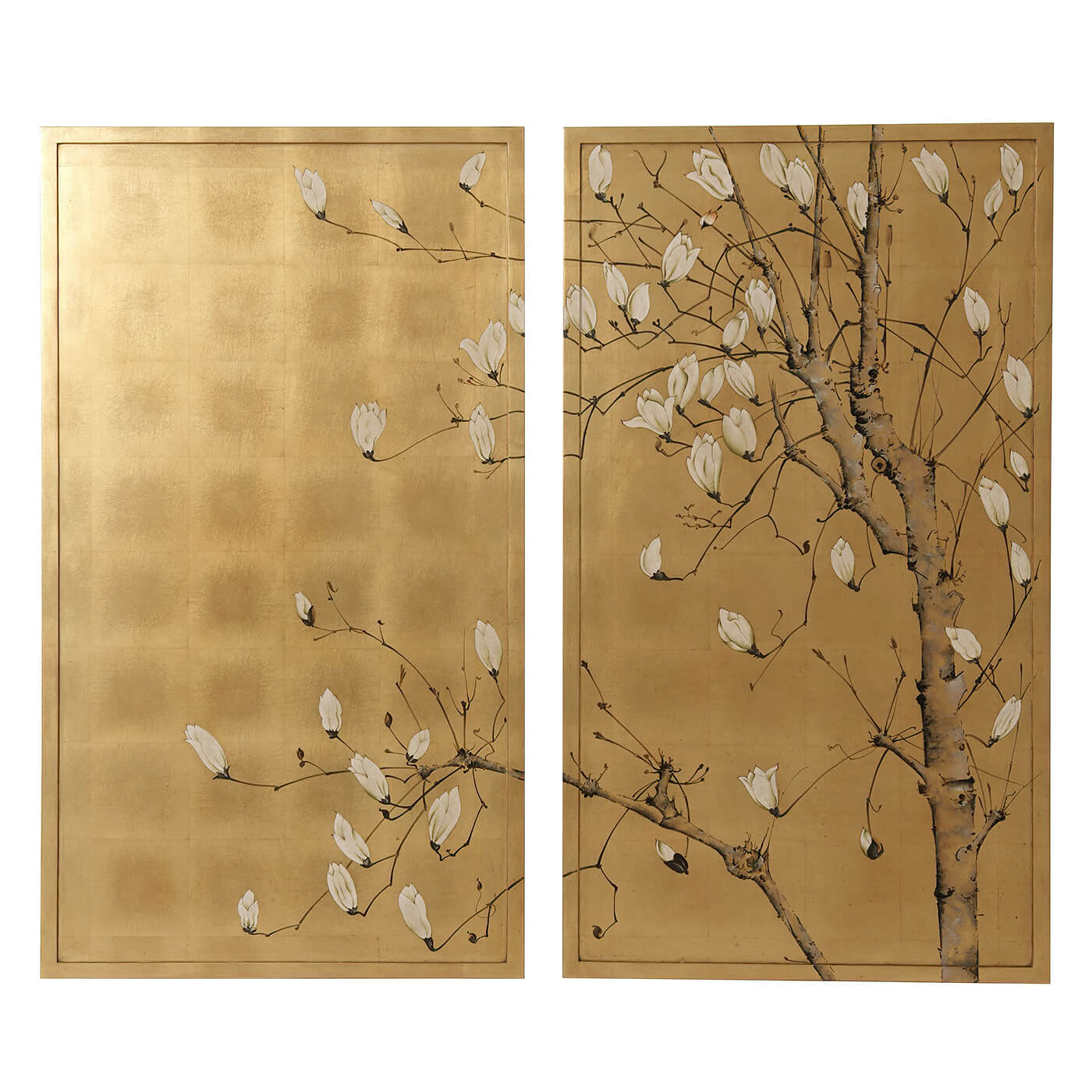 Gilt Japanese painting close-up with flowering branches.