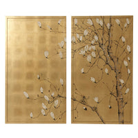 Gilt Japanese painting close-up with flowering branches.