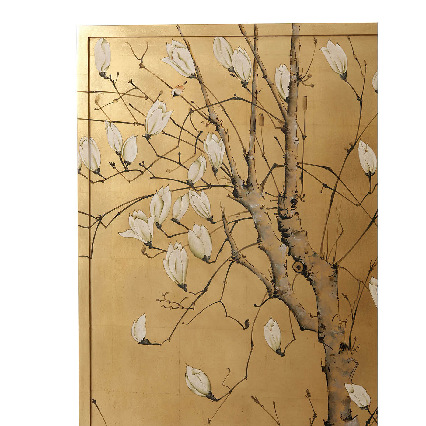 Tree branches and flowers on Japanese gilded artwork.