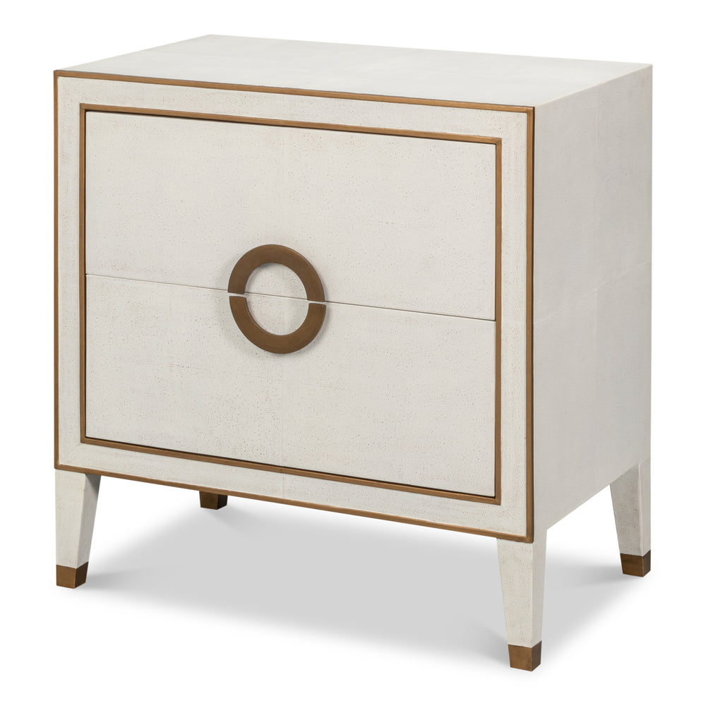 White shagreen nightstand with gold hardware and a chalk white embossed case