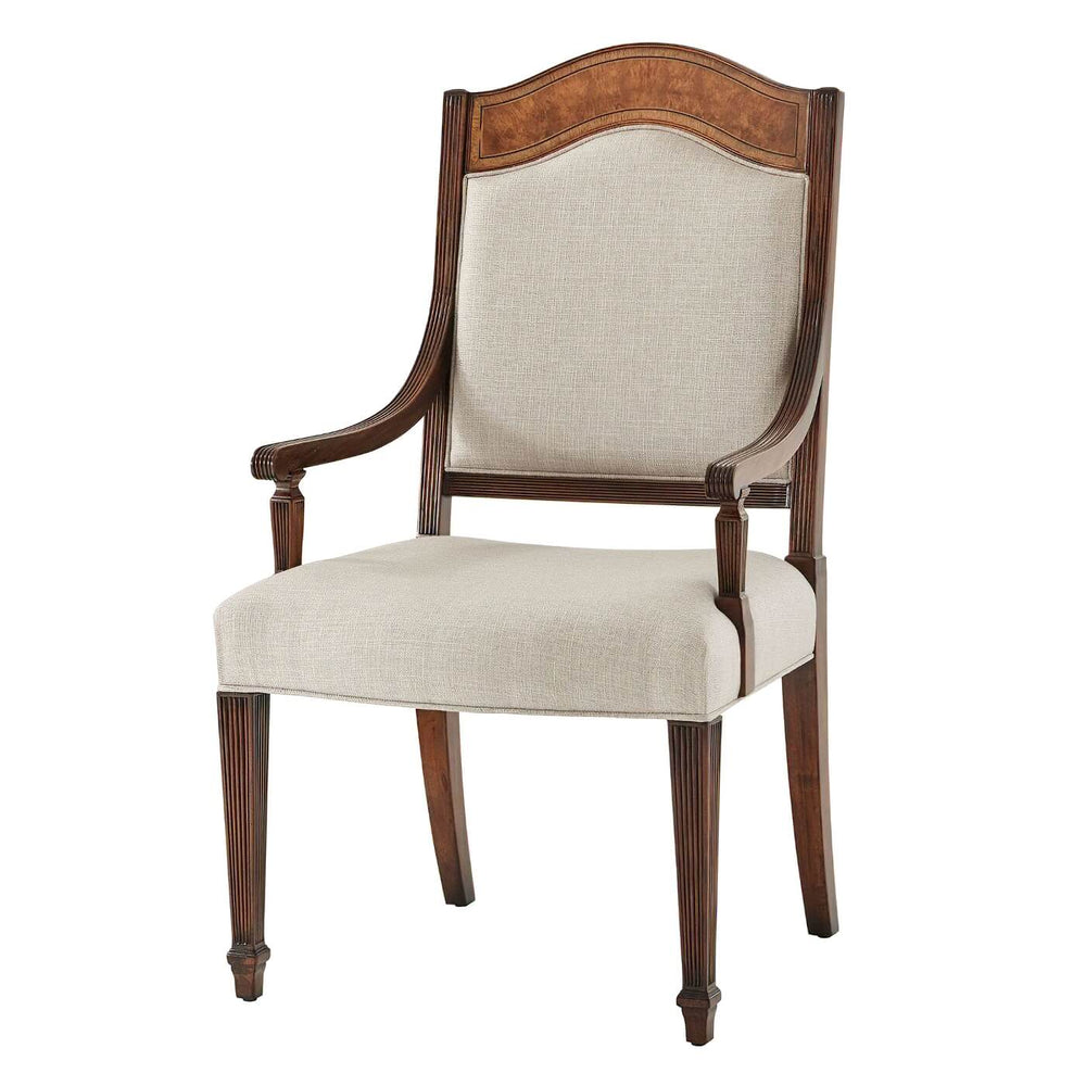 Front view of Sheraton Satinwood Armchair with cushion.