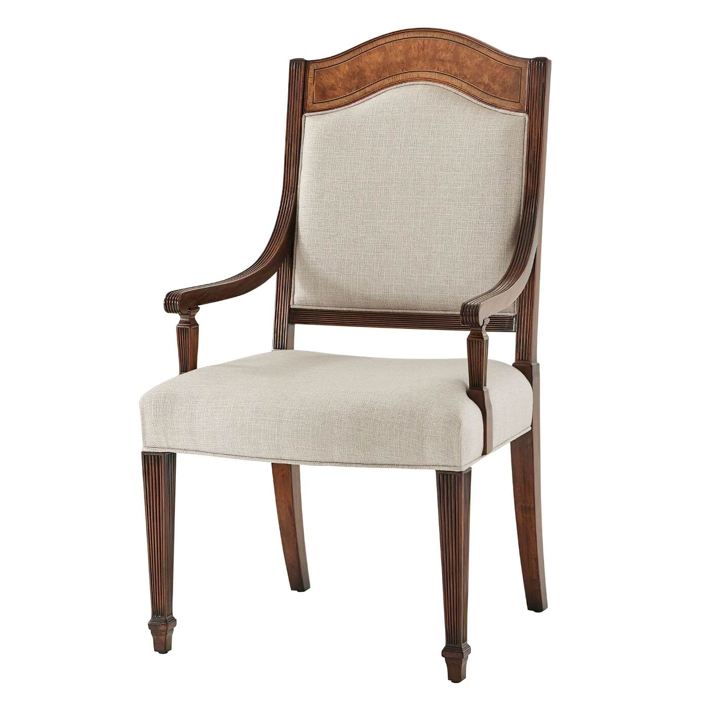 Front view of Sheraton Satinwood Armchair with cushion.