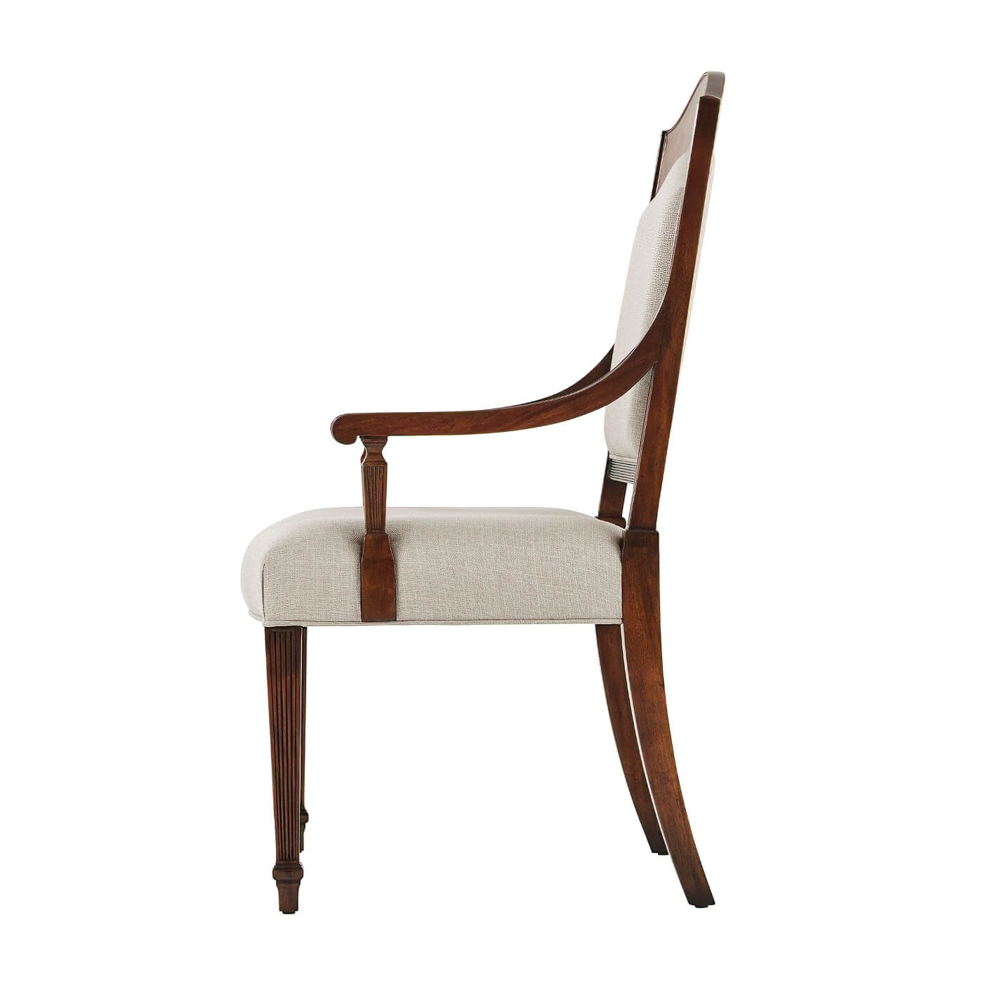 Side view of Sheraton Satinwood Armchair's armrest and leg design.
