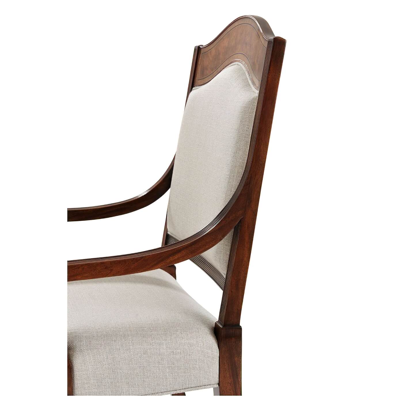 Close-up of Sheraton Satinwood Armchair's backrest and wood details.