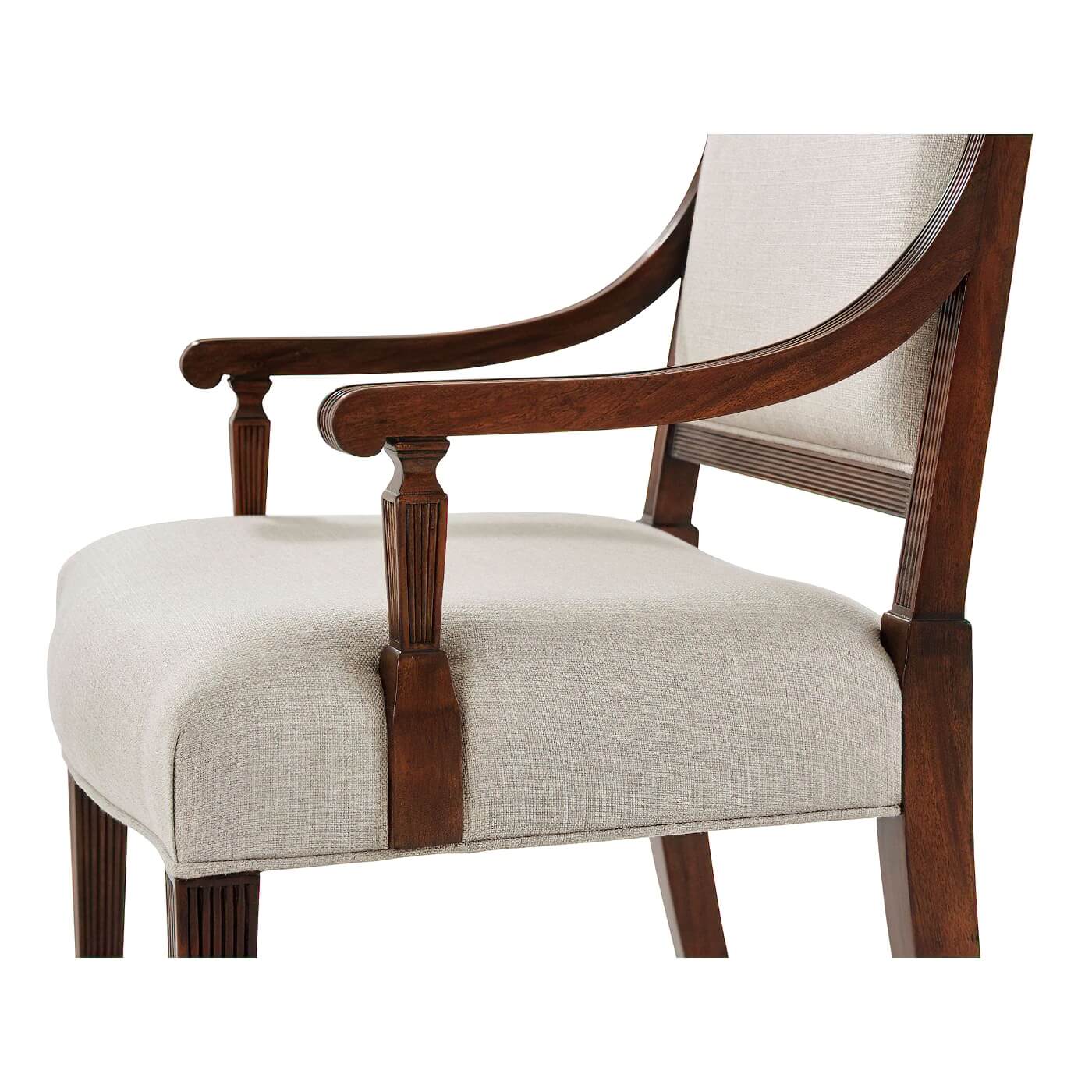 Close-up of Sheraton Satinwood Armchair's armrest and cushion texture.