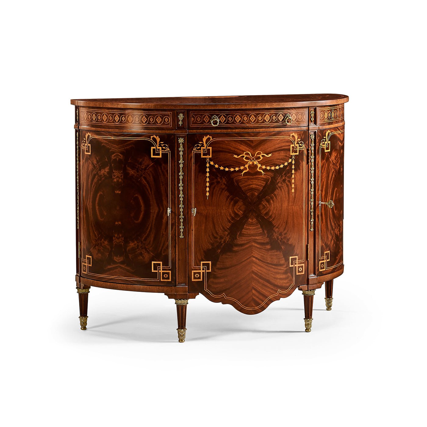 Elegant bowfront commode angled view, mahogany finish.