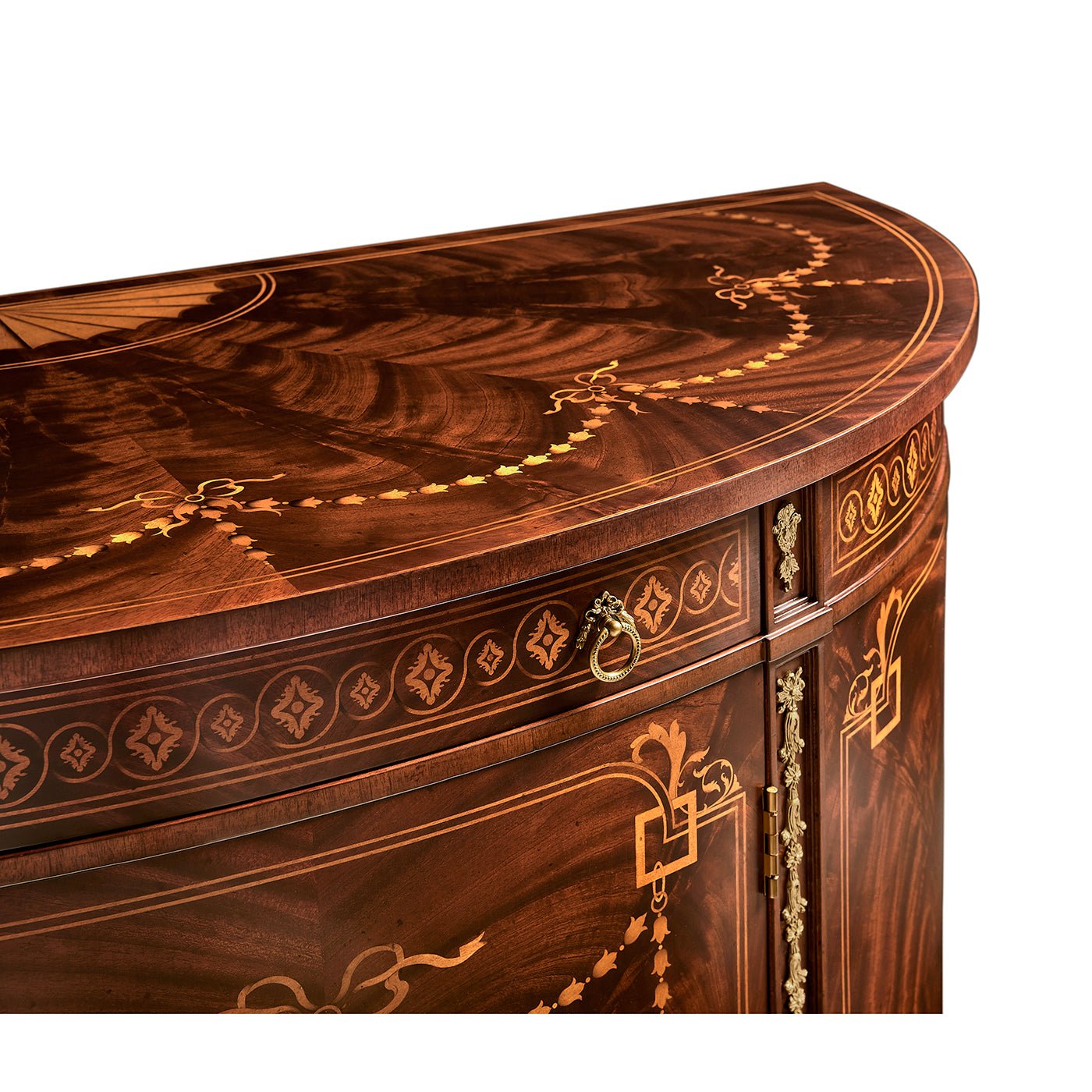 Detailed top view of commode's woodwork and design.