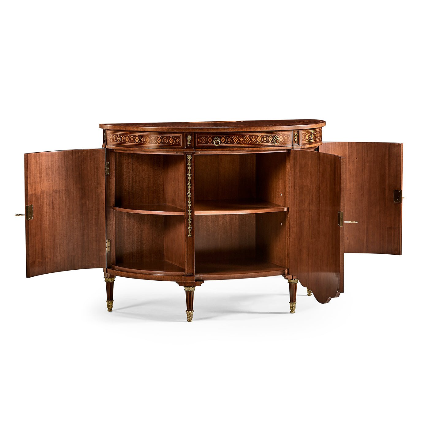 Bowfront commode with open doors, interior shelving.