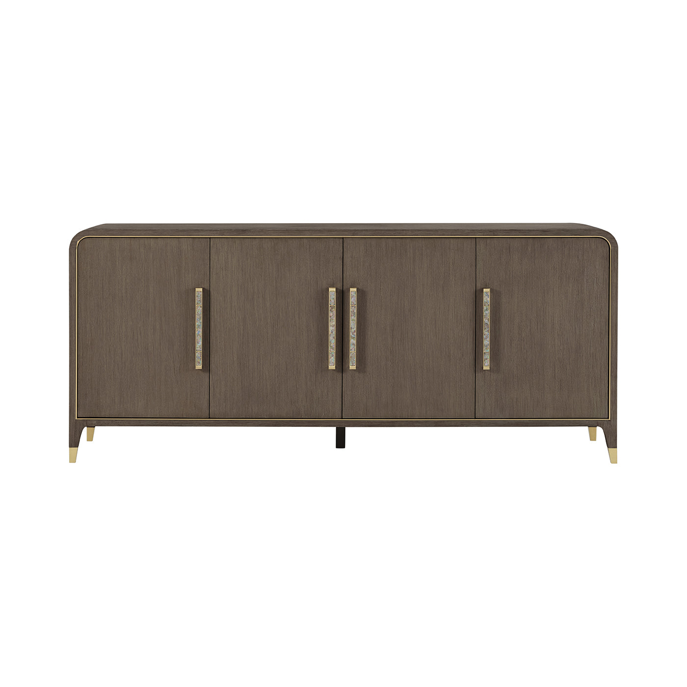 Front view of dark sideboard buffet with decorative handles.