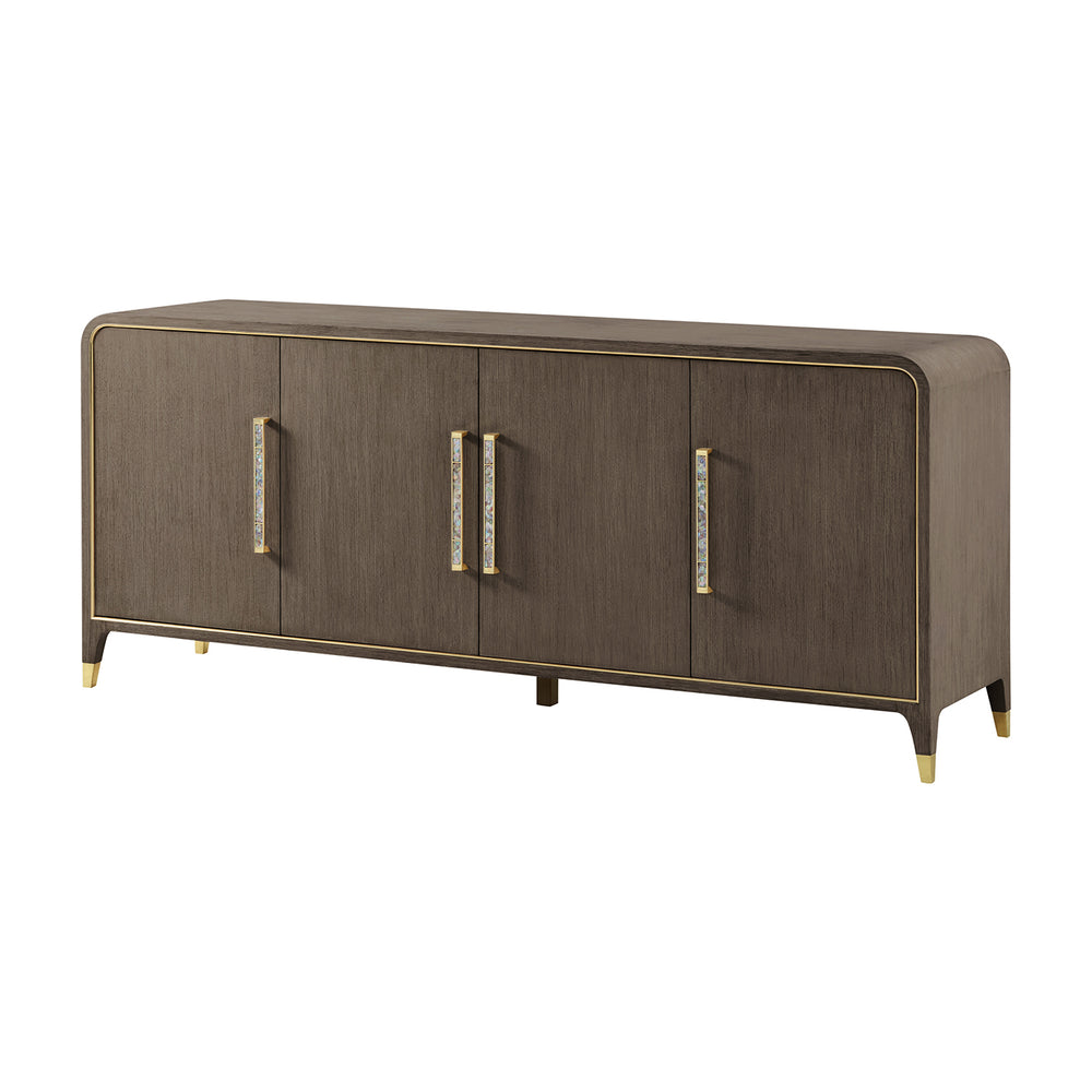 Dark wood sideboard buffet with elegant handles, angled view.