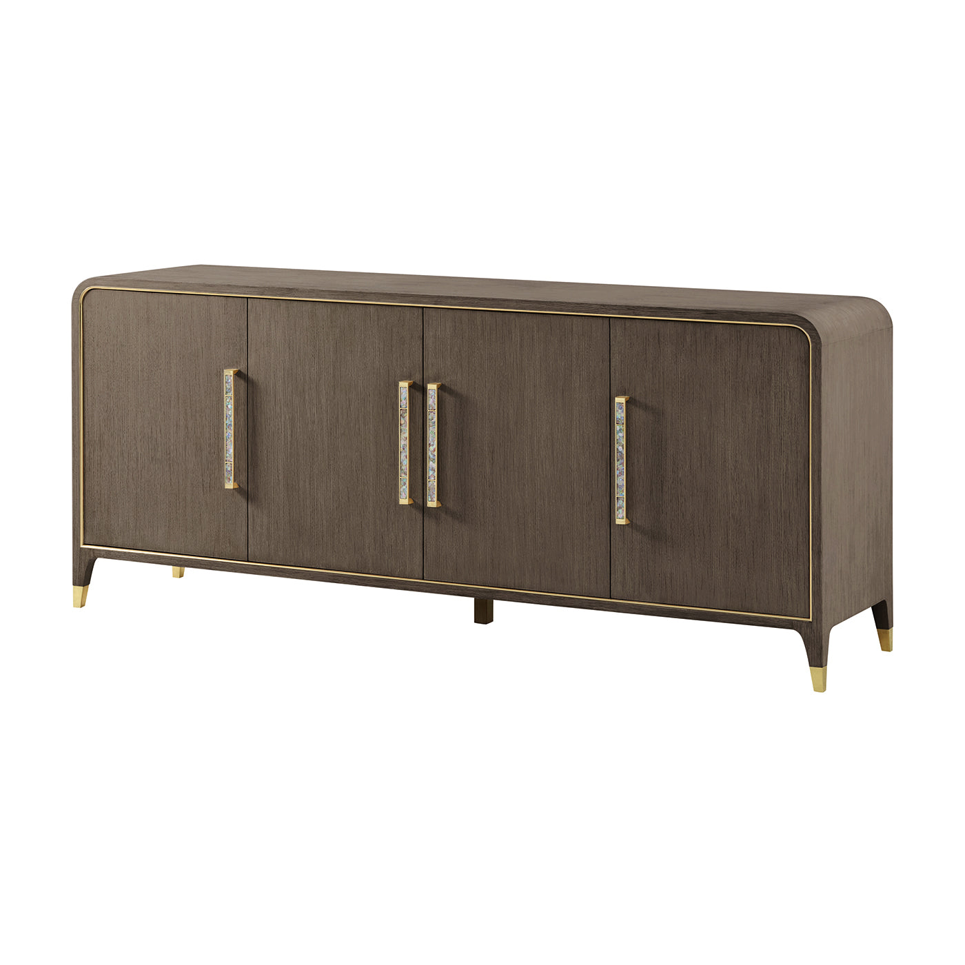 Dark wood sideboard buffet with elegant handles, angled view.