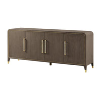 Dark wood sideboard buffet with elegant handles, angled view.