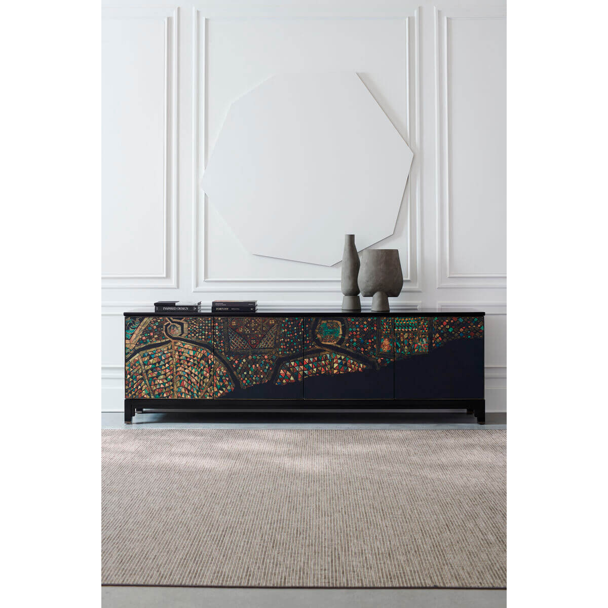 Silk Road Sideboard styled in elegant living room setting.