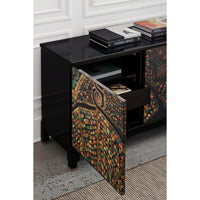 Close-up of Silk Road Sideboard with open door and drawers.