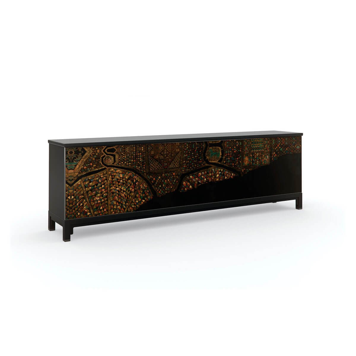 Angled view of Silk Road Sideboard highlighting artwork details.