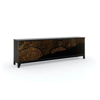 Angled view of Silk Road Sideboard highlighting artwork details.