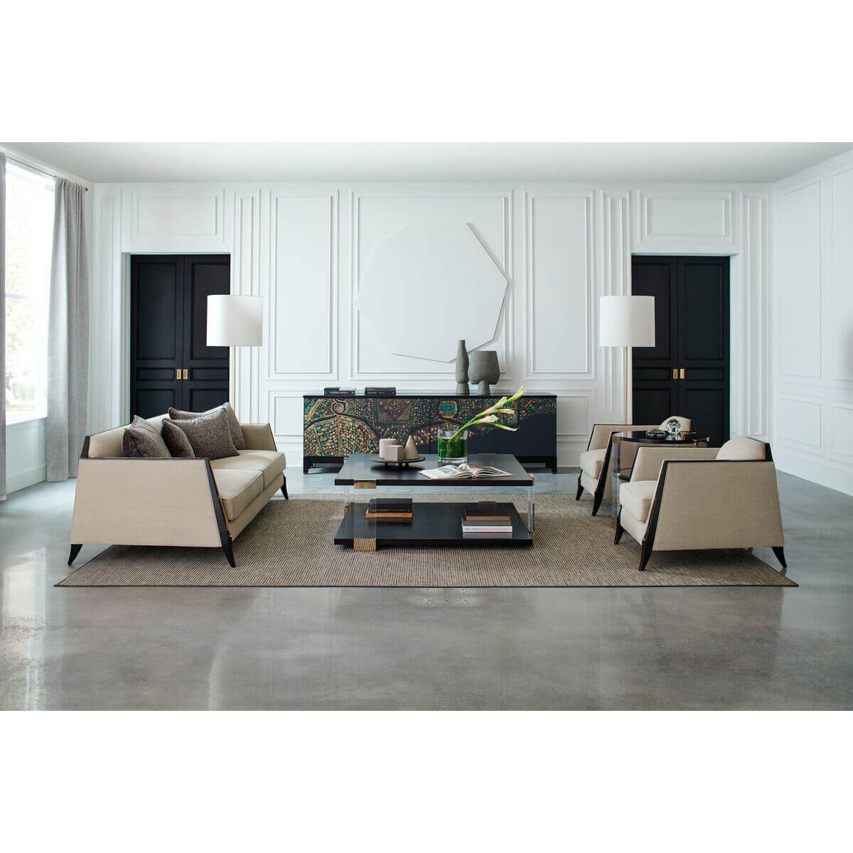 Silk Road Sideboard in modern living room with matching décor.