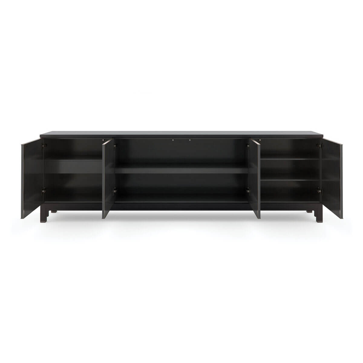 Open Silk Road Sideboard revealing interior storage shelves.