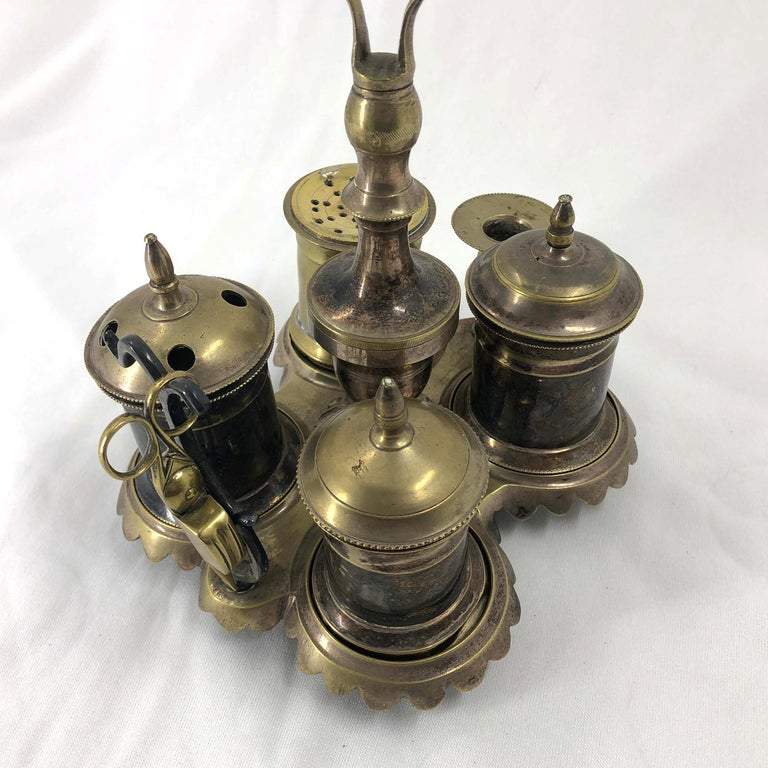 Top view of ornate silvered brass standish compartments.