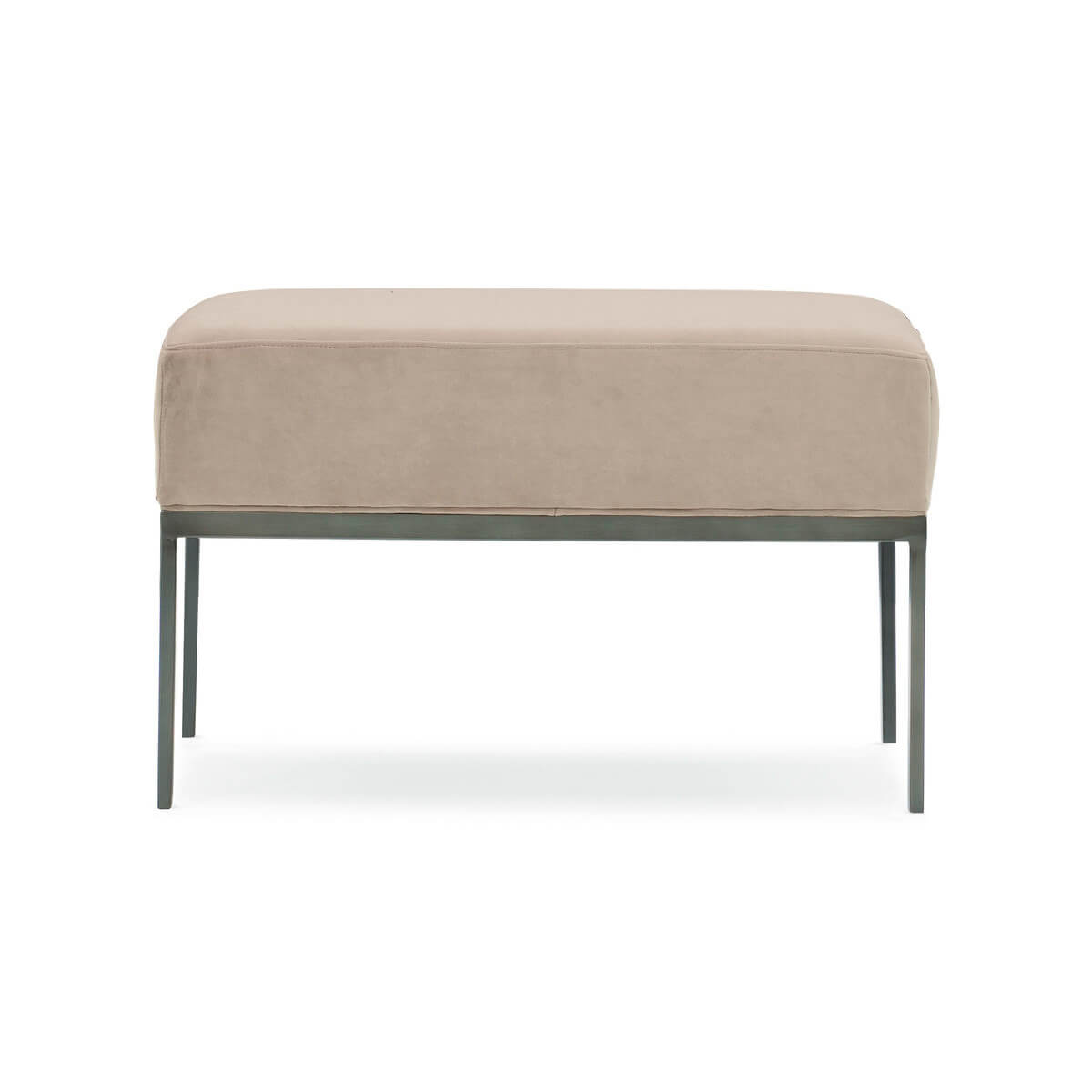 Beige bench on metal frame, front view close-up.