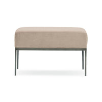 Beige bench on metal frame, front view close-up.